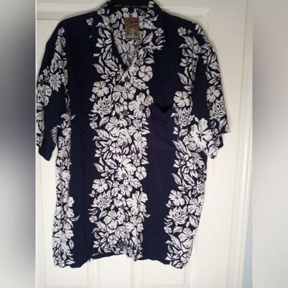 Pineapple Connection Hawaiian Men's Shirt Pocket L Navy/WhiteFloral PatternRayon - Picture 1 of 5